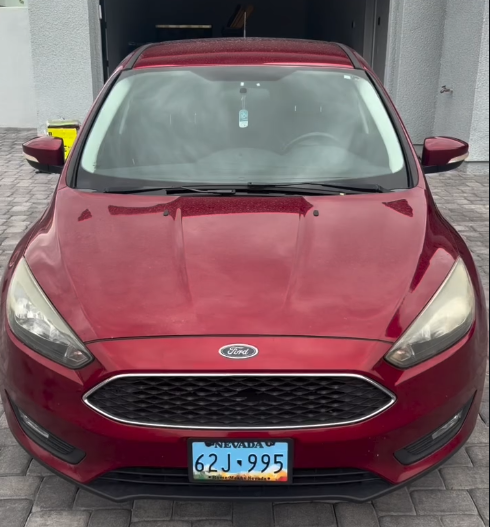 Red Ford Focus before detailing, with a dull, dusty hood